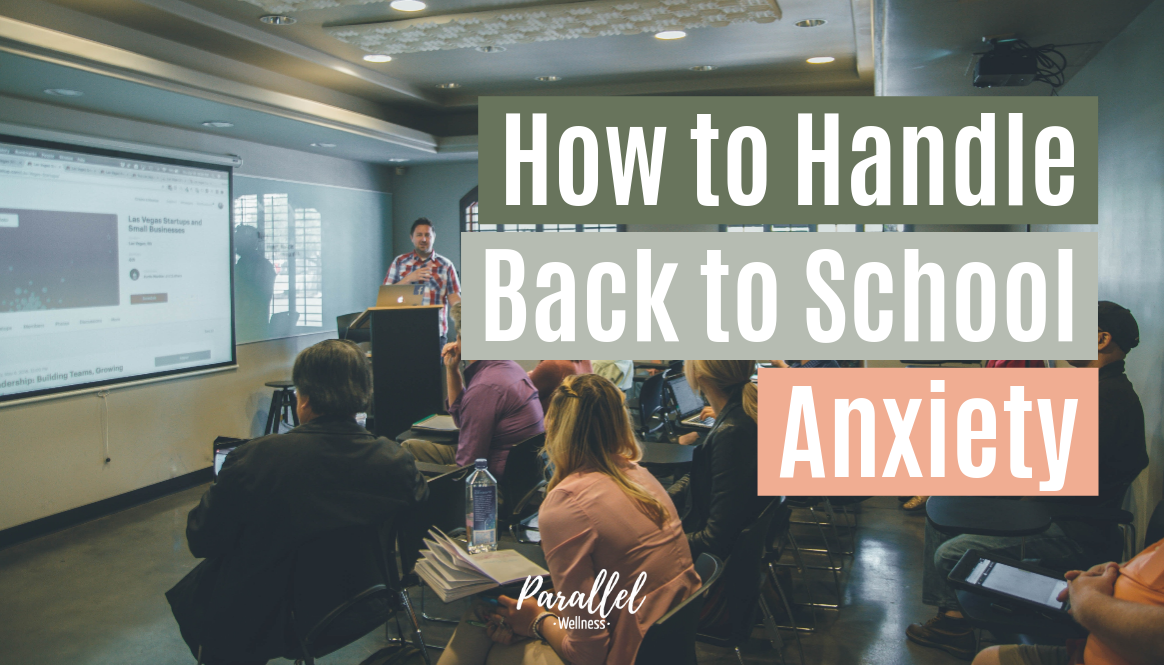 Classroom of students looking at a presentation, with the professor at the front of the class. The words "How to Handle Back to School Anxiety" overlay the image.